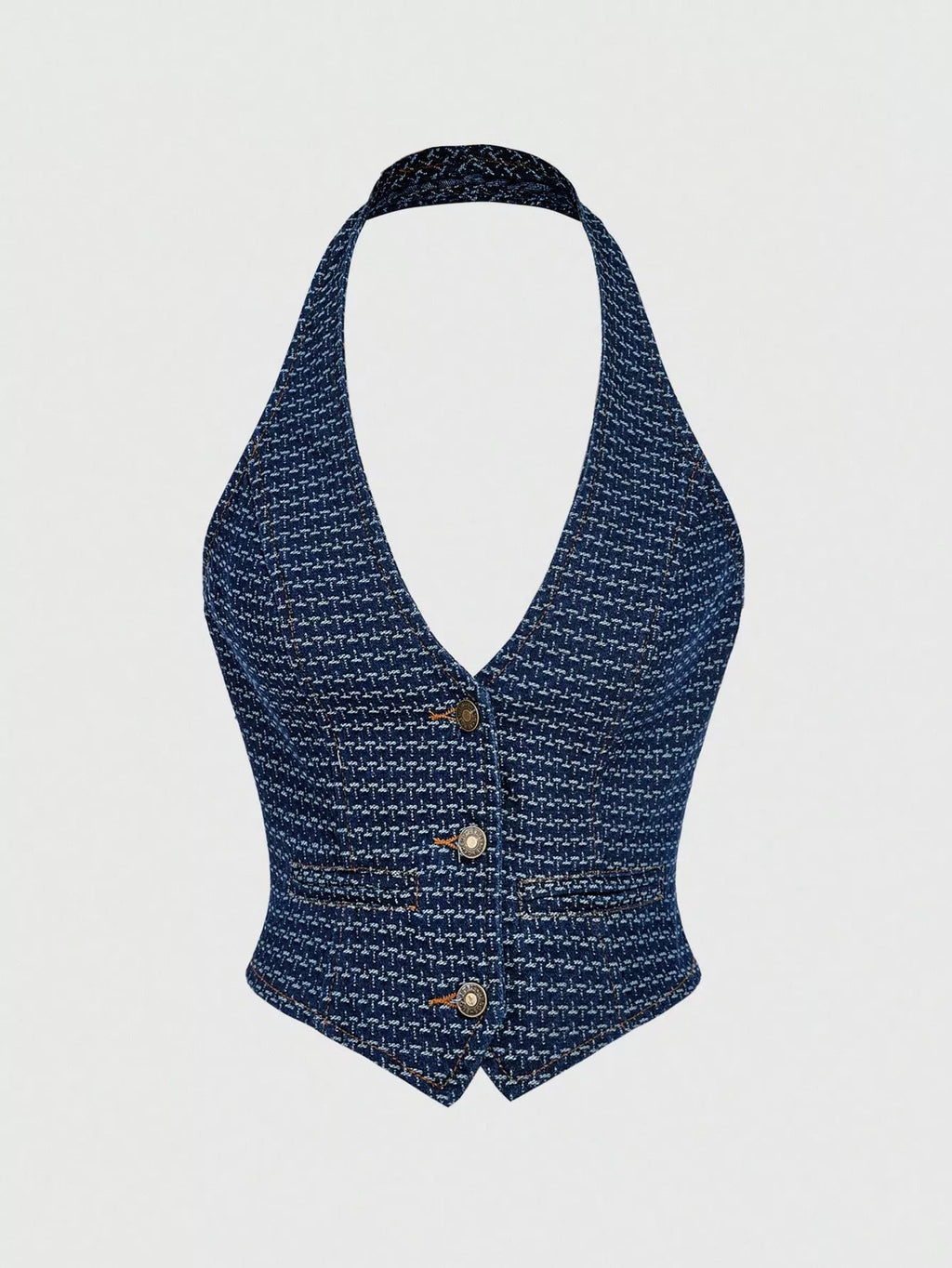 Halter Neck Denim Vest and Wide-Leg Jeans Set