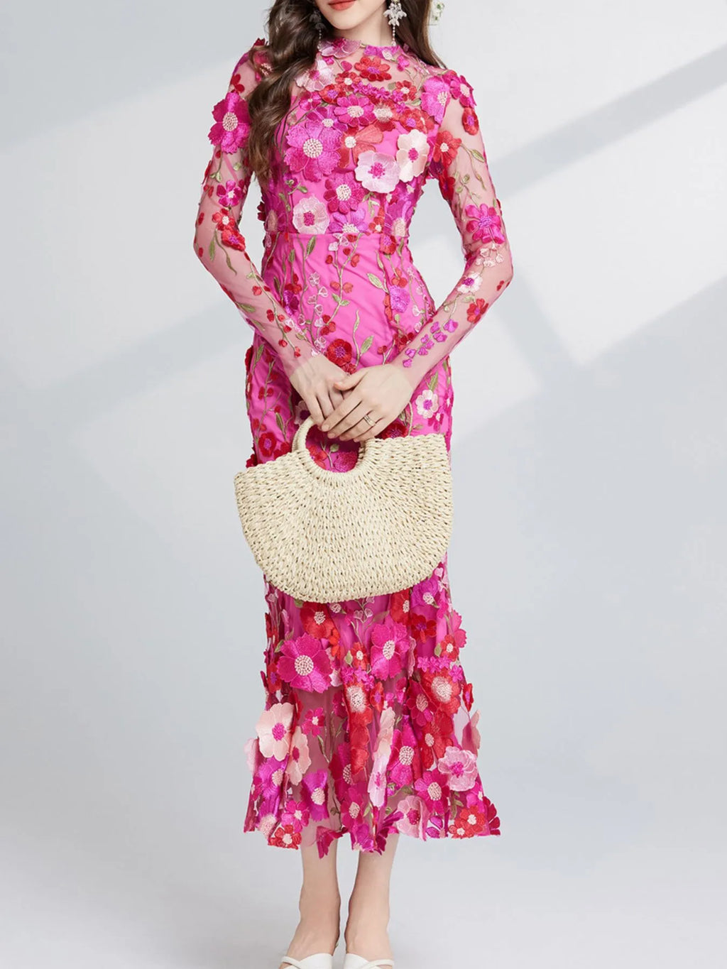 Floral Embroidered Mesh Long Sleeve Midi Dress