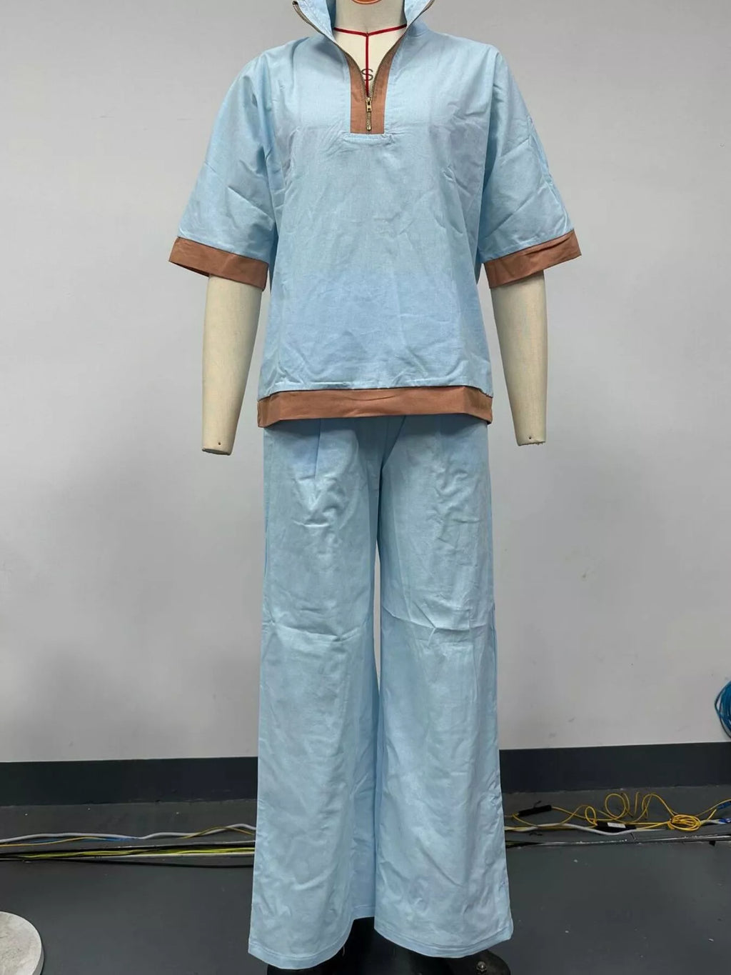 Full Size Contrast Trim Top and Wide Leg Pants Set Plus Size