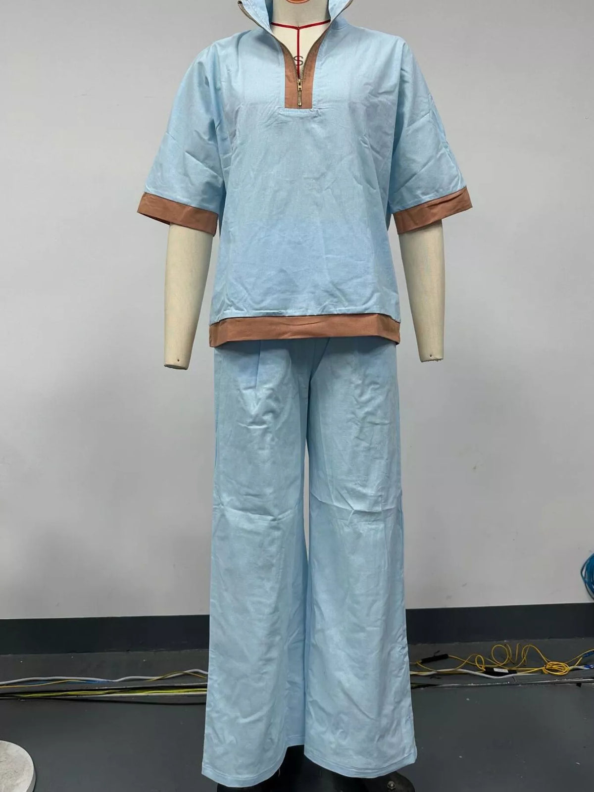 Full Size Contrast Trim Top and Wide Leg Pants Set Plus Size