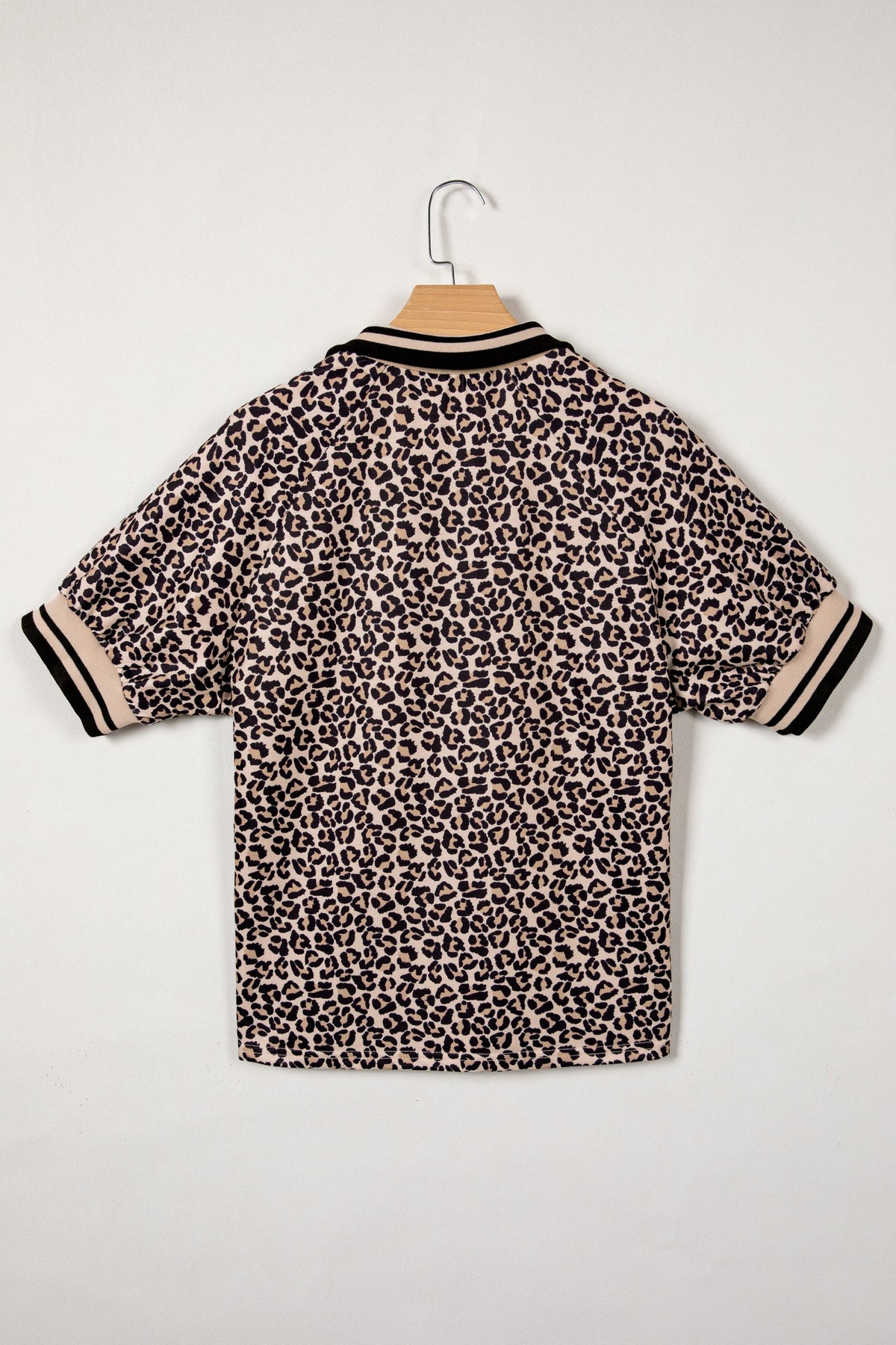 Leopard Half Zip Stripe Trim Short Sleeve Top