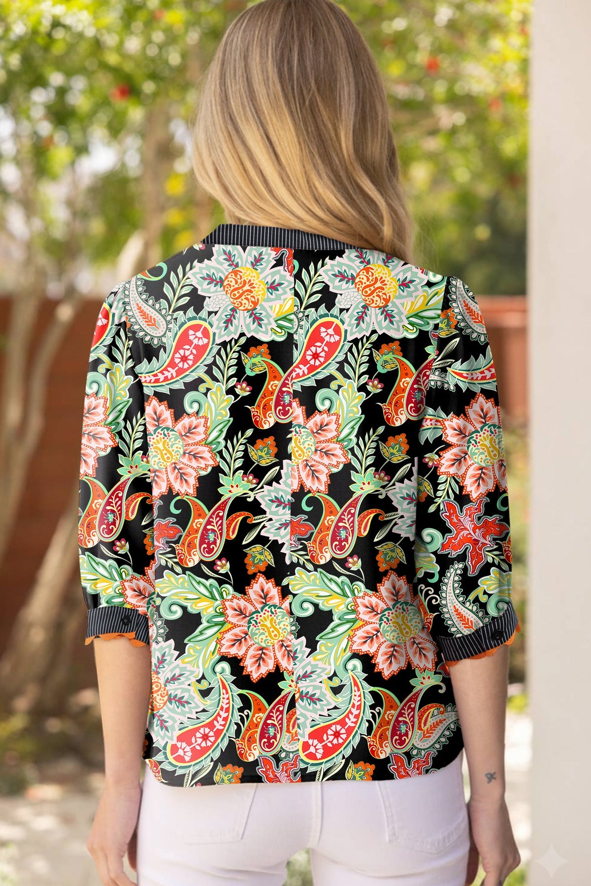 Floral Stripe Patchwork Ricrac Trim Blouse