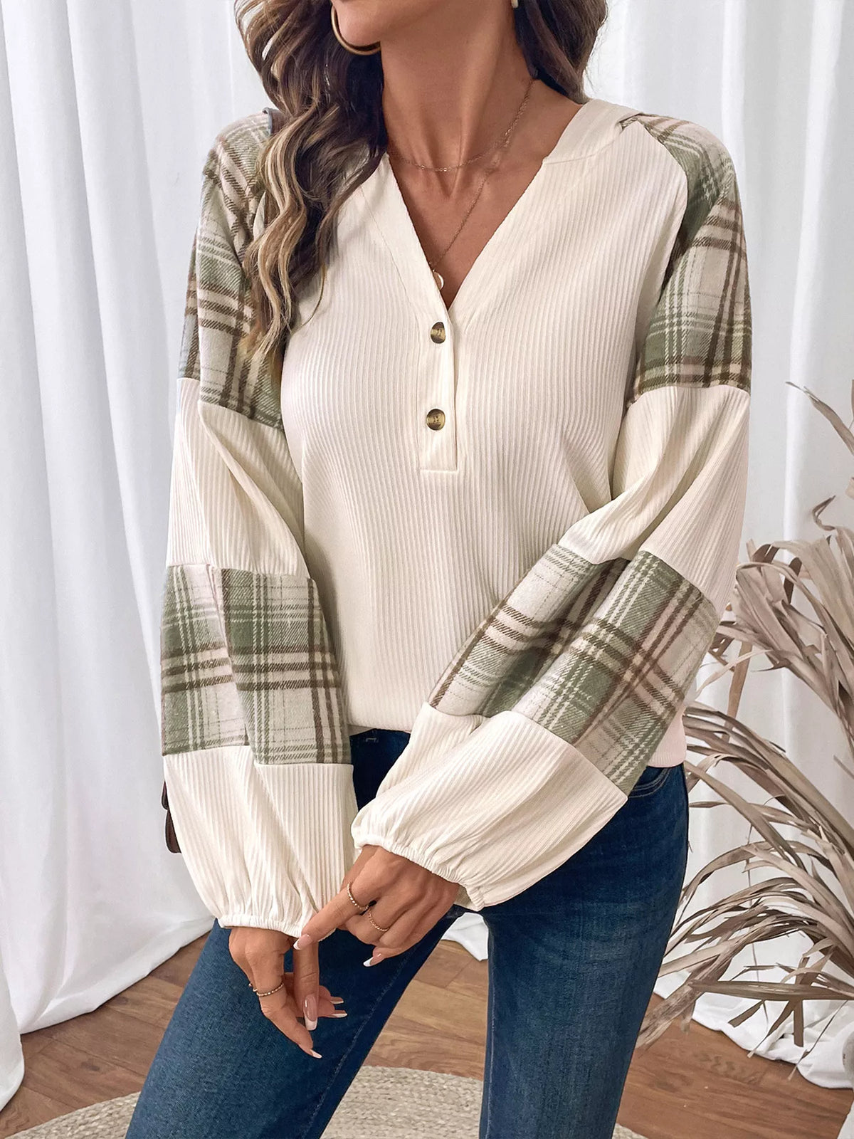 Plaid V-Neck Button-Front Sweatshirt