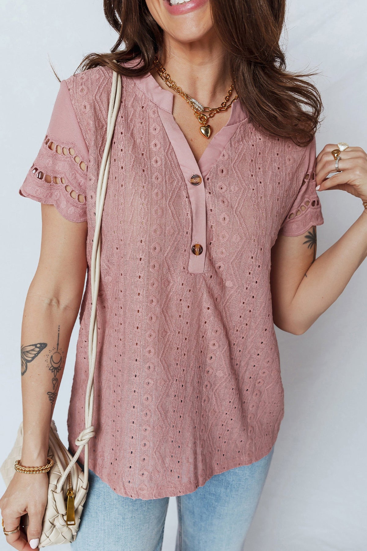 Eyelet Textured Half-Button Short Sleeve Blouse