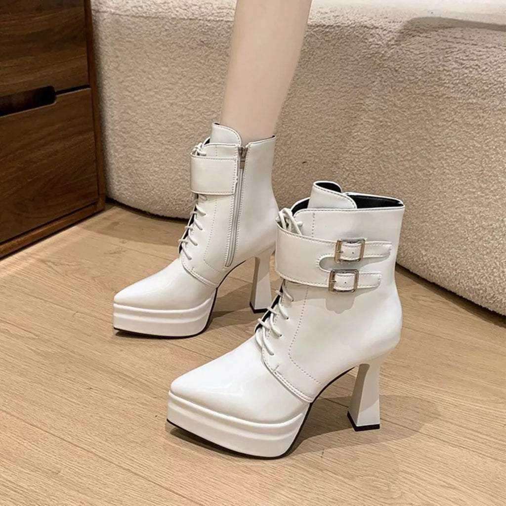 Lace Up Block Heels Boots