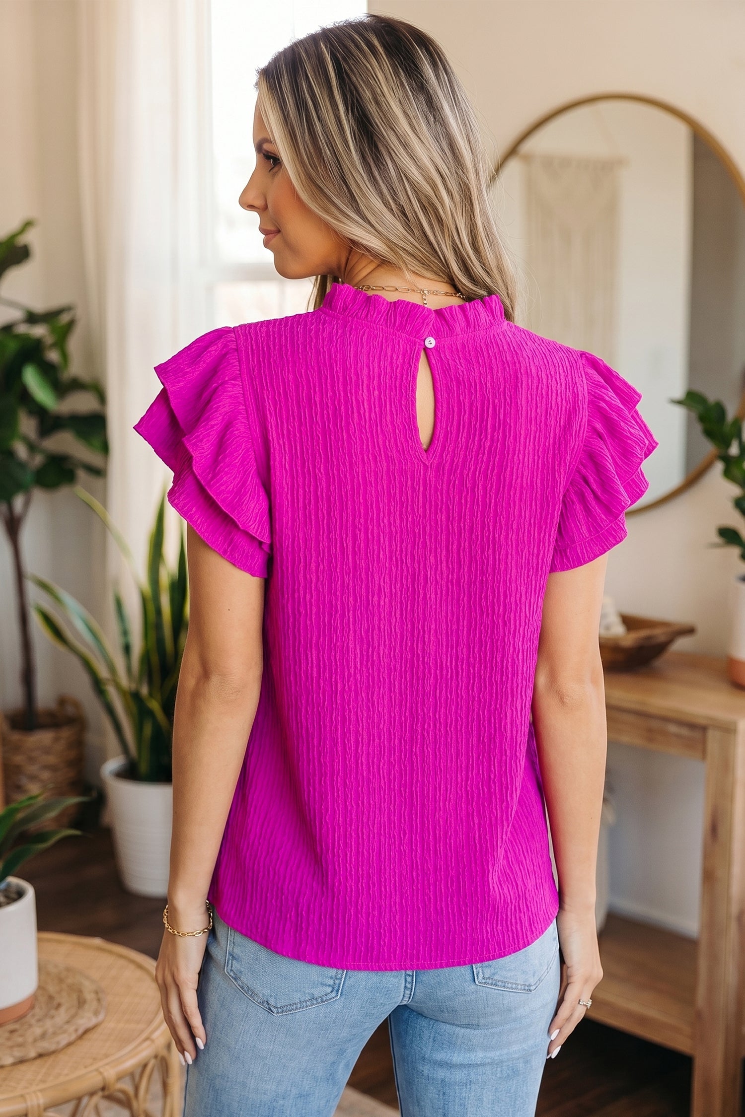 Rose Red Solid Color Textured Ruffle Trim Short Sleeve Blouse