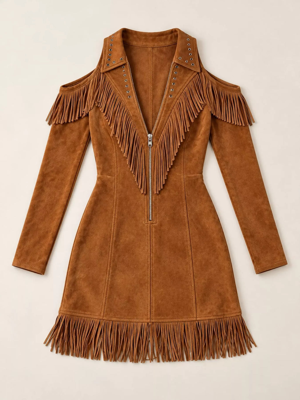 Full Size Fringed Cold-Shoulder Zip-Front Mini Dress Plus Size