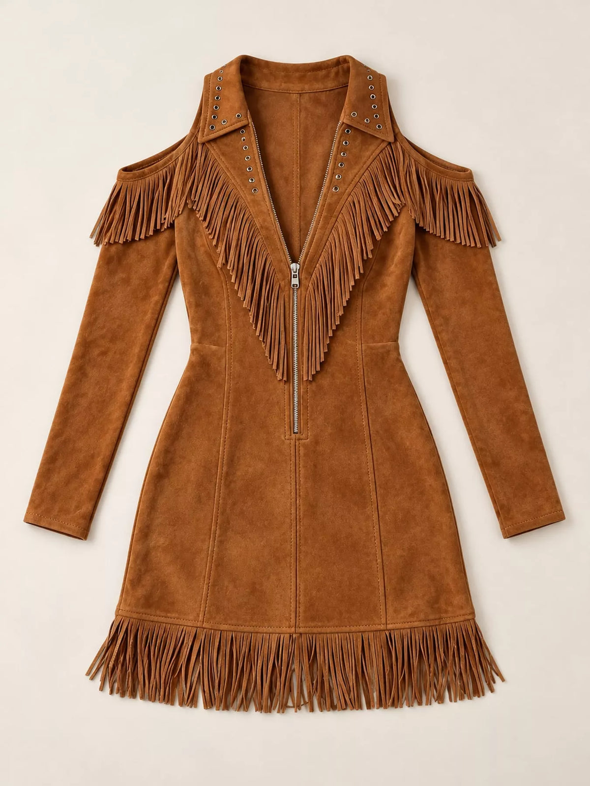 Full Size Fringed Cold-Shoulder Zip-Front Mini Dress Plus Size