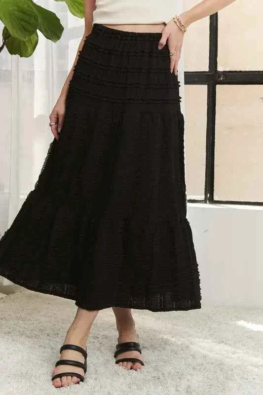 Elastic Waist Tiered Midi Skirt