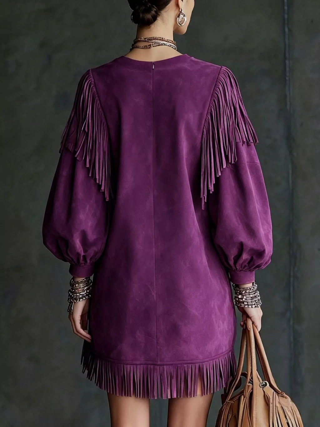 Fringe Detail Lantern Sleeve Mini Dress