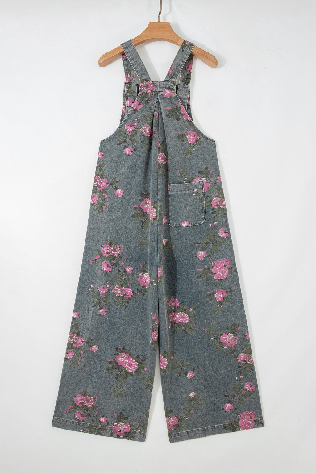 Gray Beau Floral Print Pleated High Waist Wide Leg Denim Jumpsuit