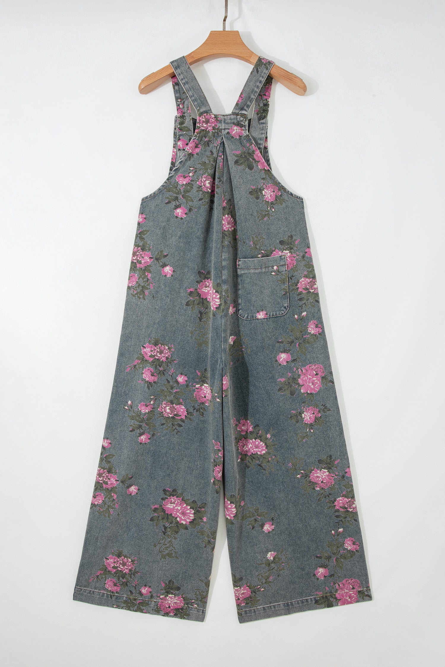 Gray Beau Floral Print Pleated High Waist Wide Leg Denim Jumpsuit