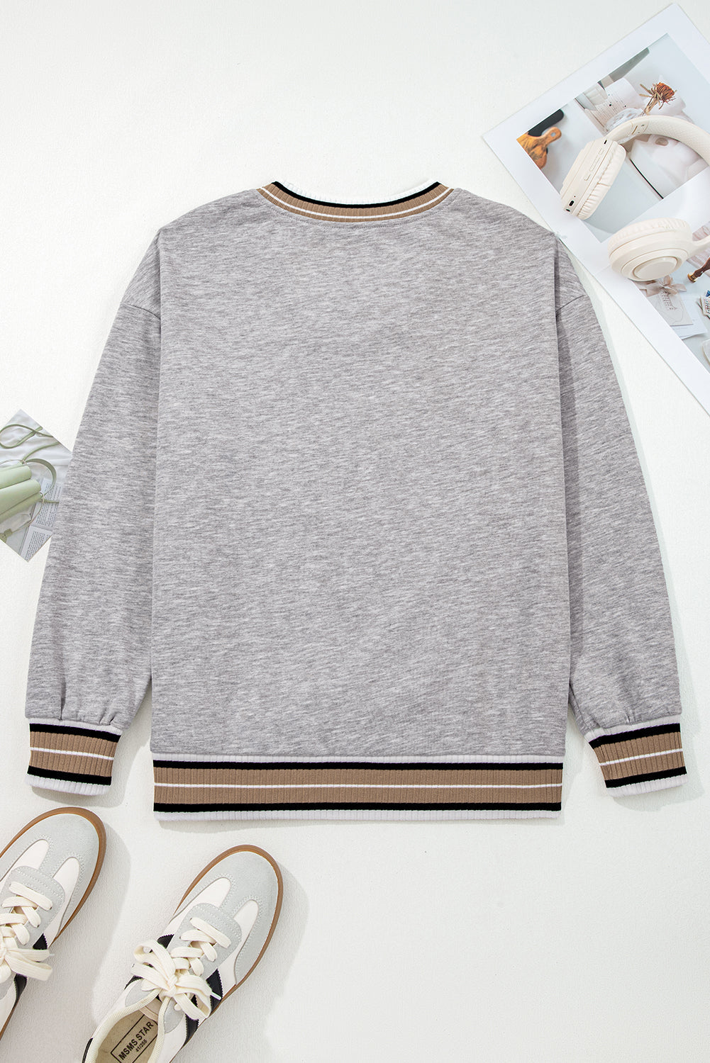 Varsity Contrast Stripe Trim V-Neck Sweatshirt