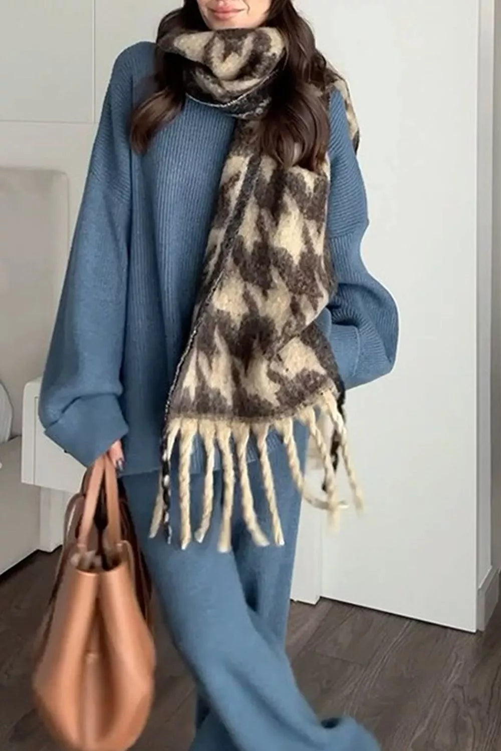 Dropped Shoulder Knit Sweater and Wide Leg Pants Set