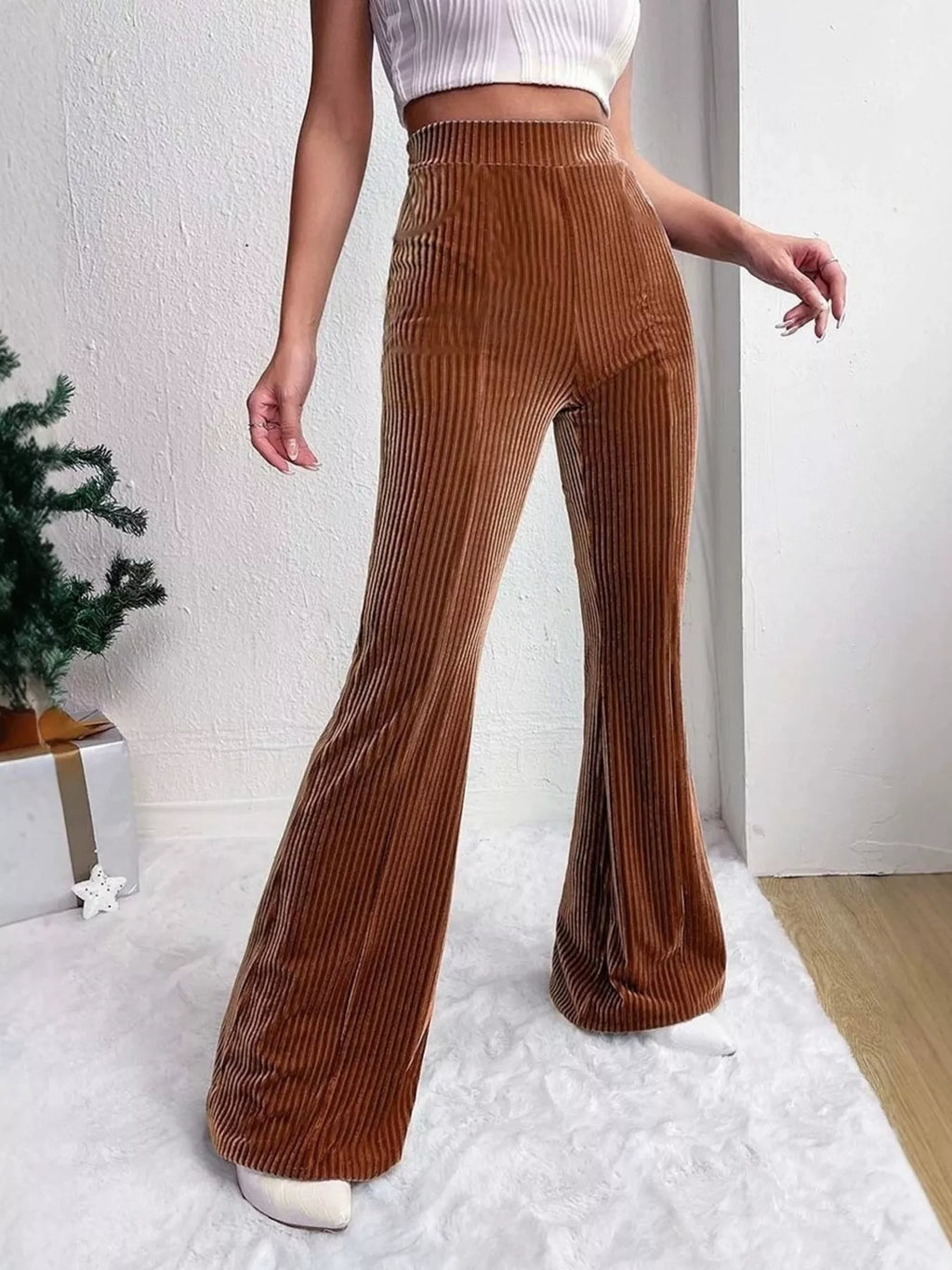Full Size High-Waisted Velvet Flare Pants Plus Size
