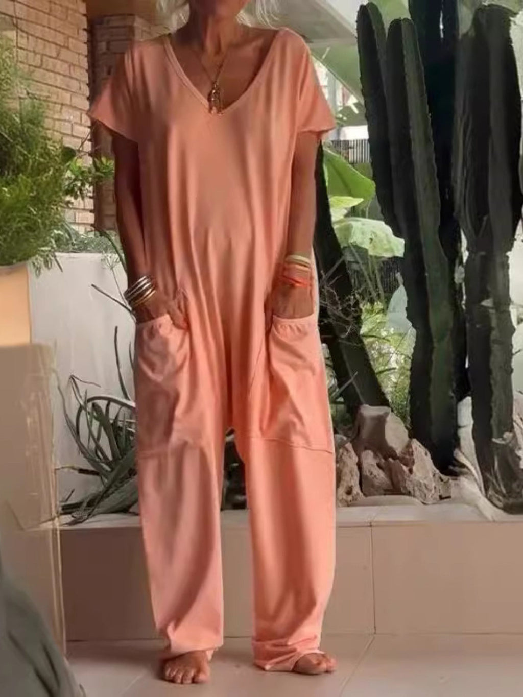 Full Size Loose Fit V-Neck Short Sleeve Wide Leg Jumpsuit Plus Size