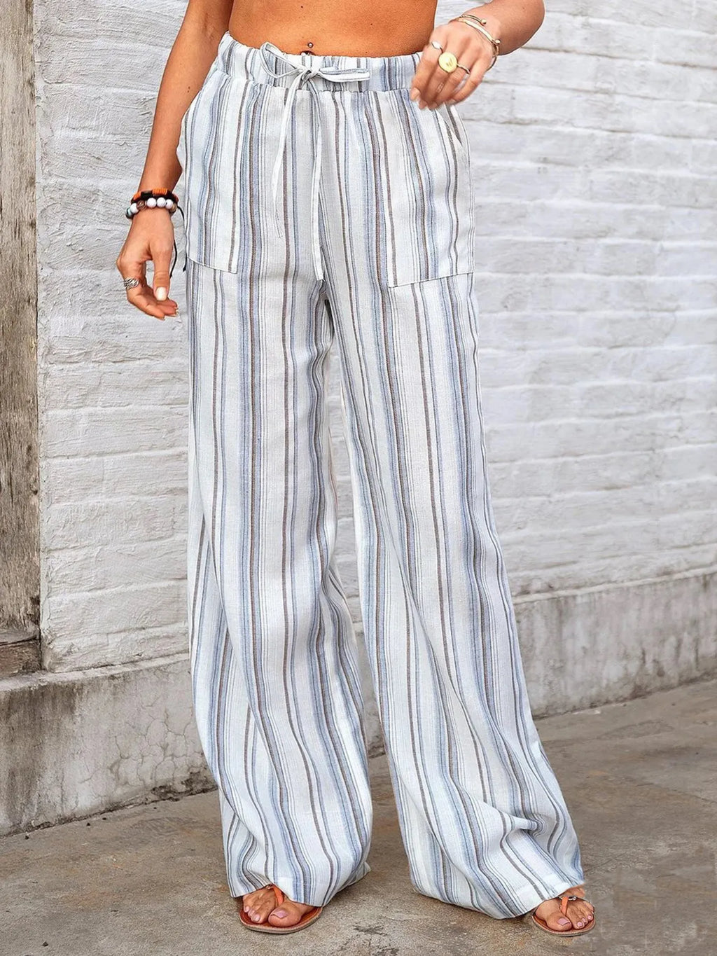 Full Size Striped Wide Leg Pants Plus Size
