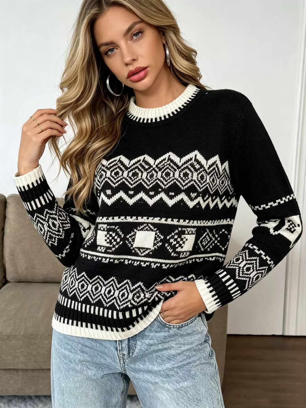 Christmas Festive Fair Isle Patterned Crew Neck Sweater