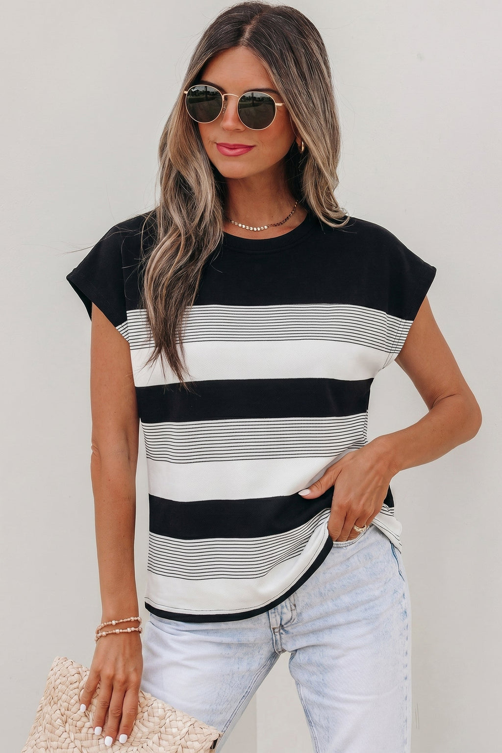Black Stripe Mixed Print Crew Neck Cap Sleeve T Shirt