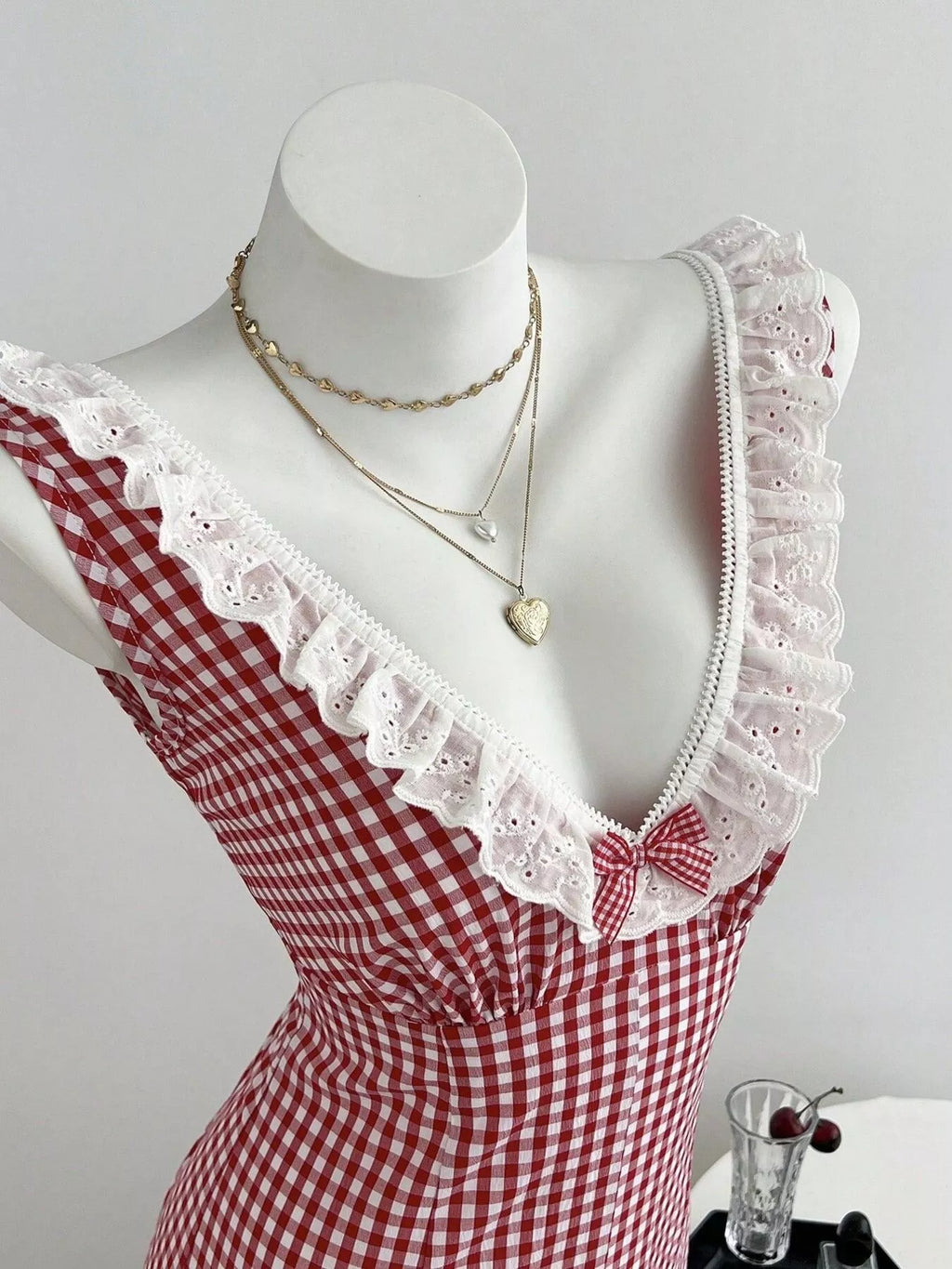 Gingham Lace-Trimmed Romper with Bow Detail