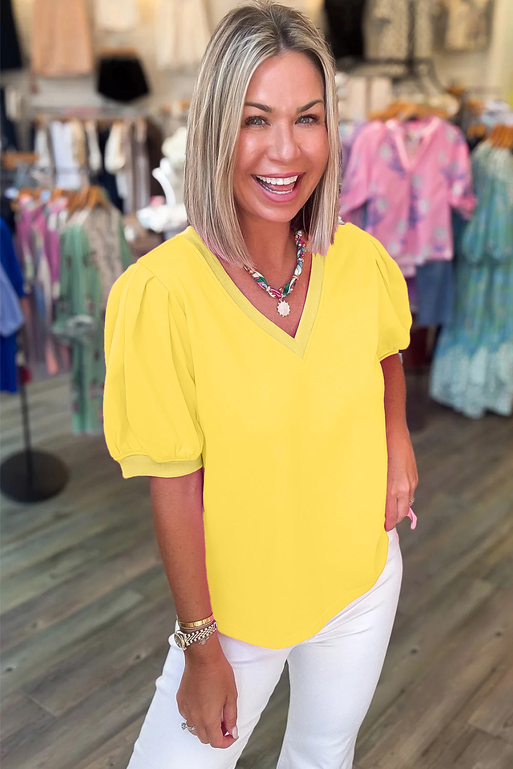 Yellow Solid Color V Neck Short Puff Sleeve Blouse