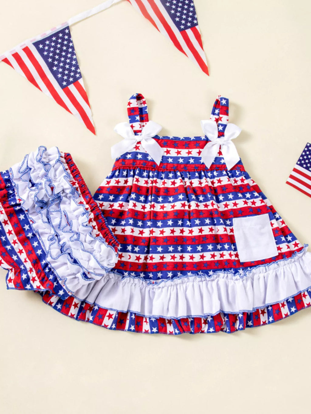 Children's Patriotic Star-Spangled Ruffled Dress and Shorts Set