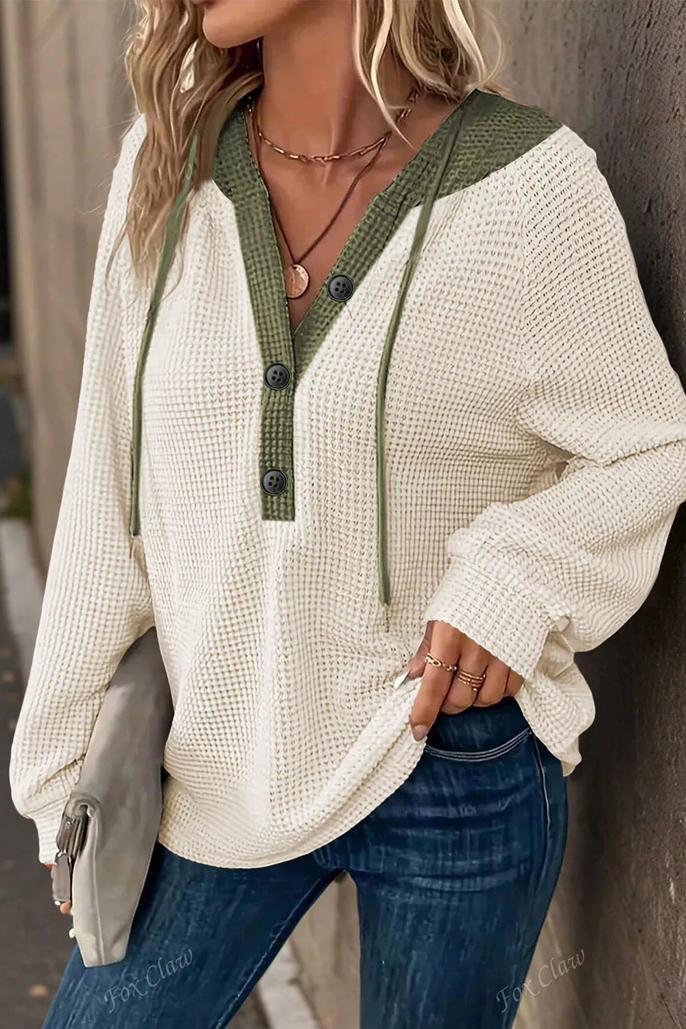 Drawstring Waffle Knit Henley Hoodie