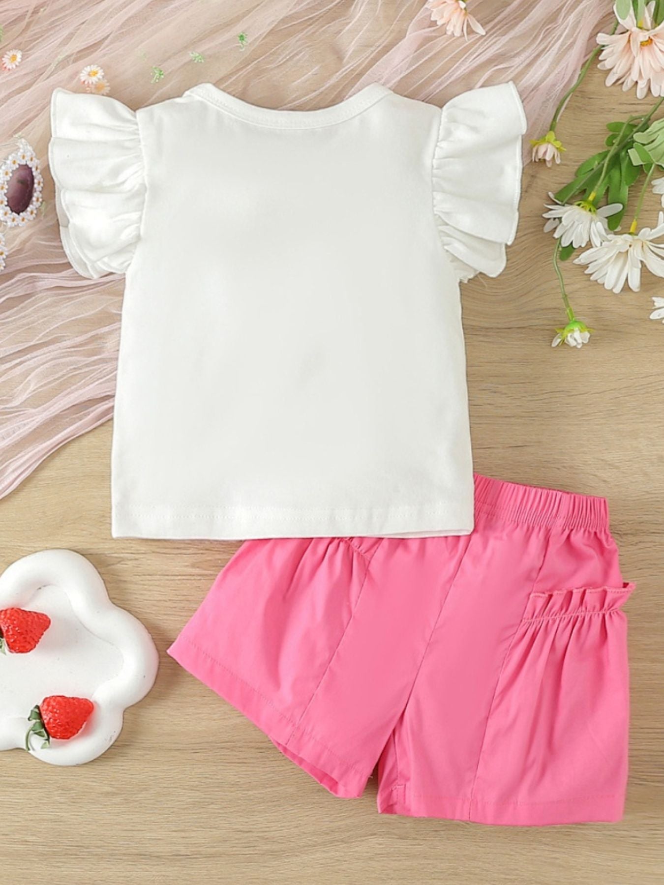 Children's Hello Print Ruffle Sleeve Top & Shorts Set