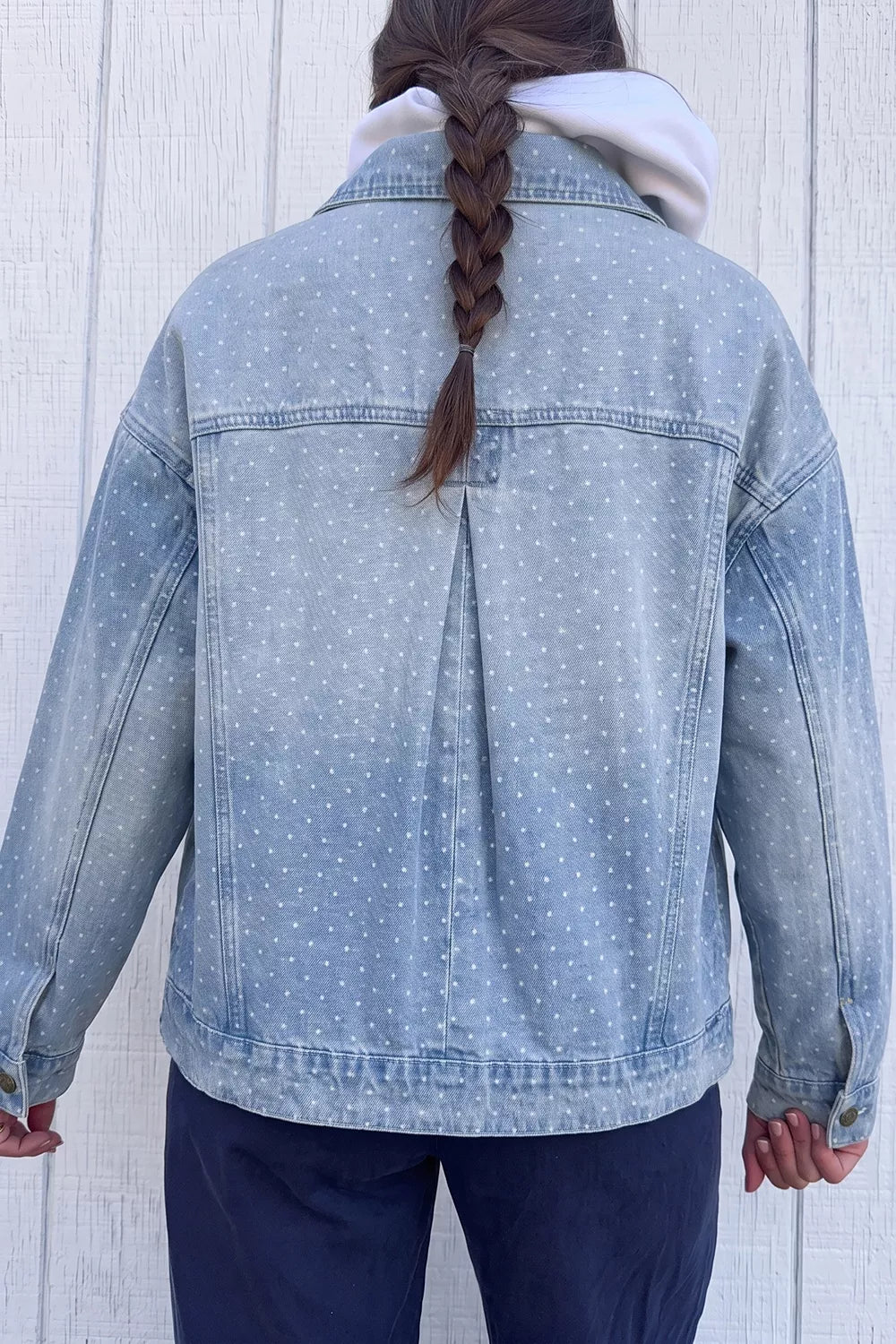 Polka Dot Long Sleeve Collar Pocket Casual Shift Silhouette Denim Jacket