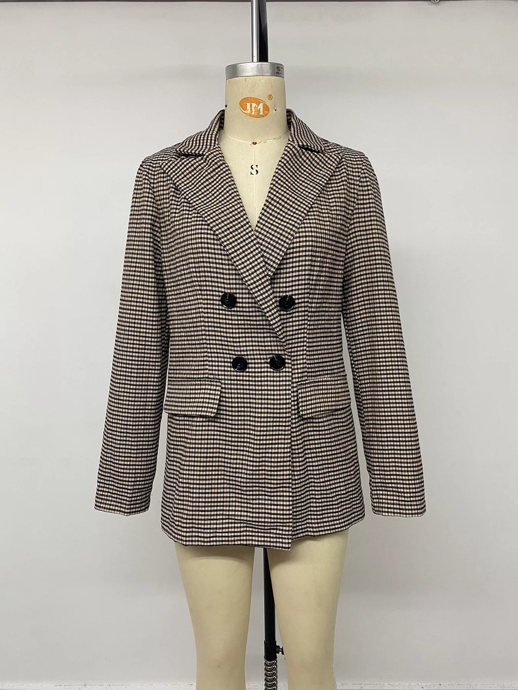 Plaid Lapel Collar Double-Breasted Blazer