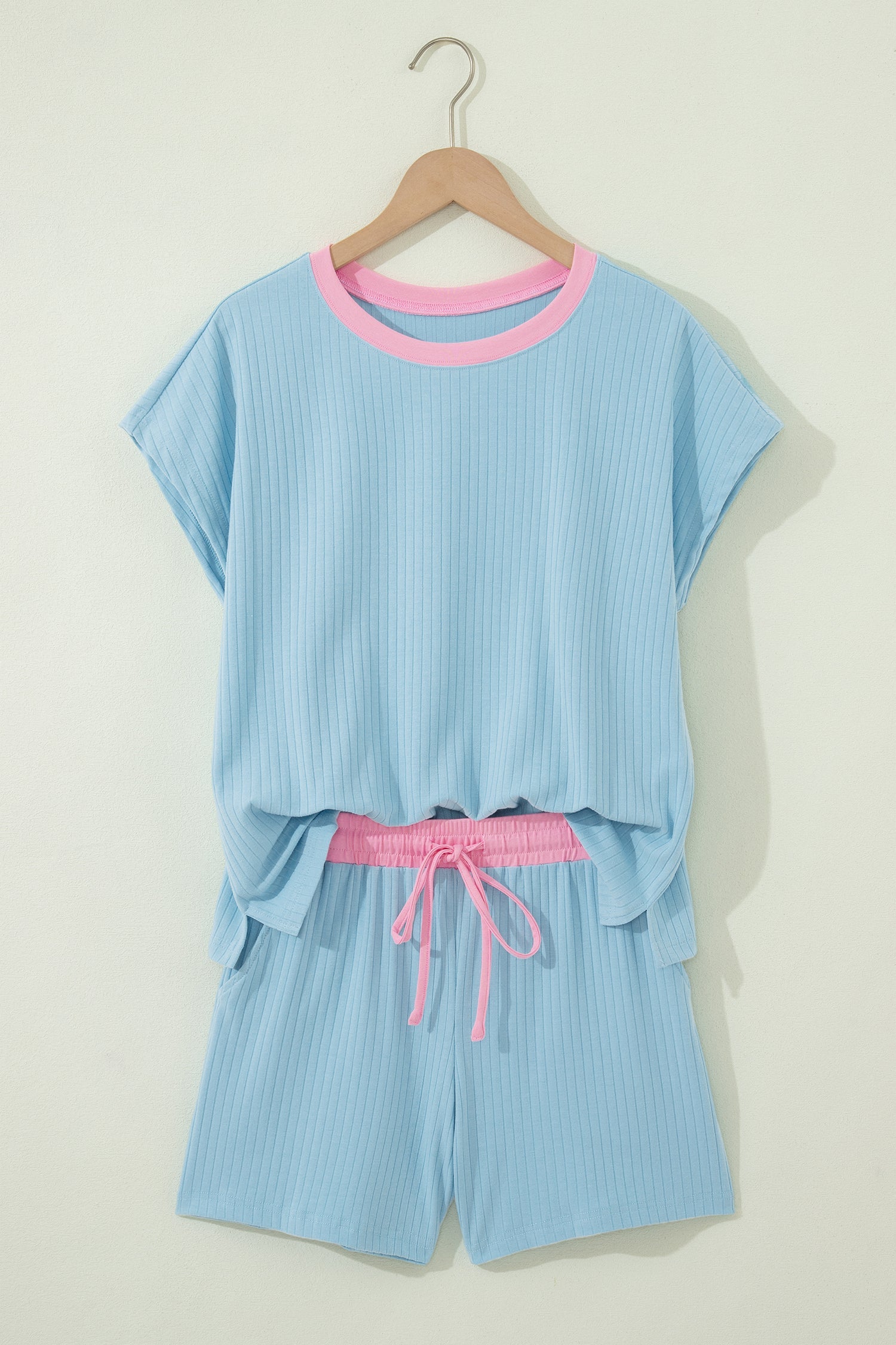 Mist Blue Soft Ribbed Color Block Trim Casual Short Set