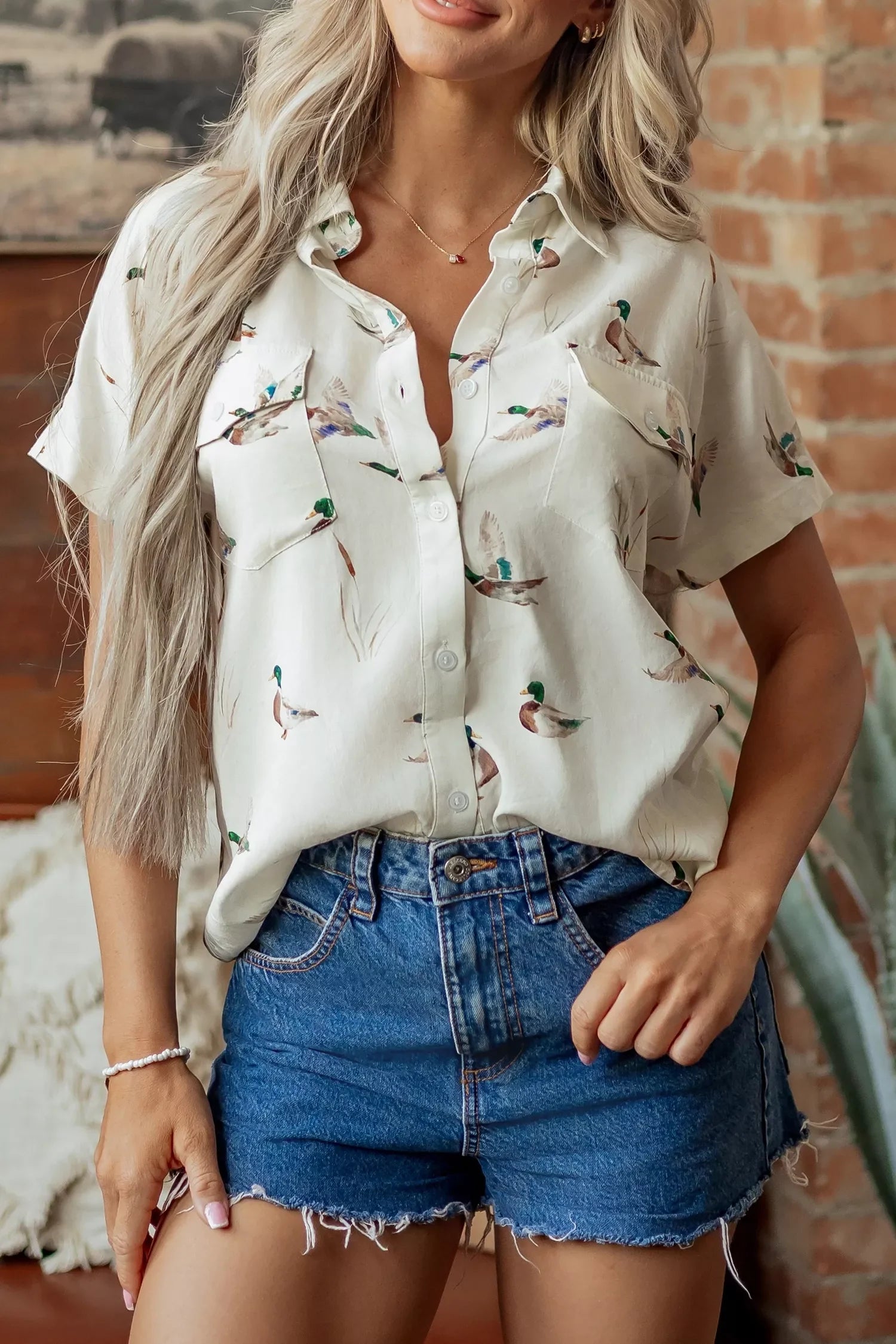 Mallard Printed Button Flap Pocket Short Sleeve Shirt