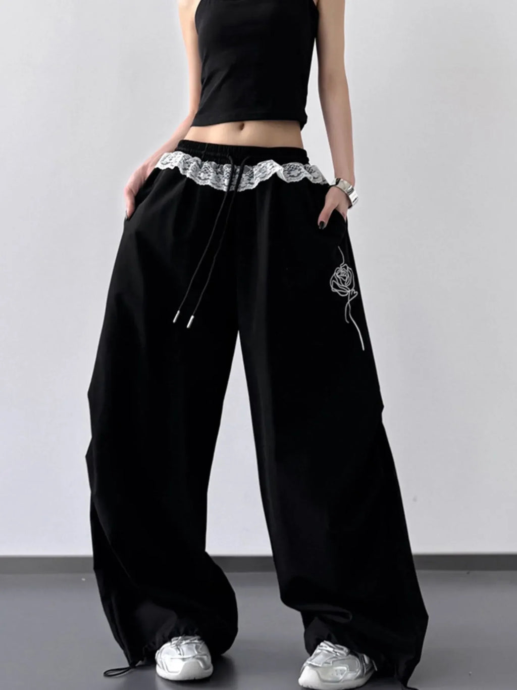 Drawstring Lace Detail Wide Leg Pants