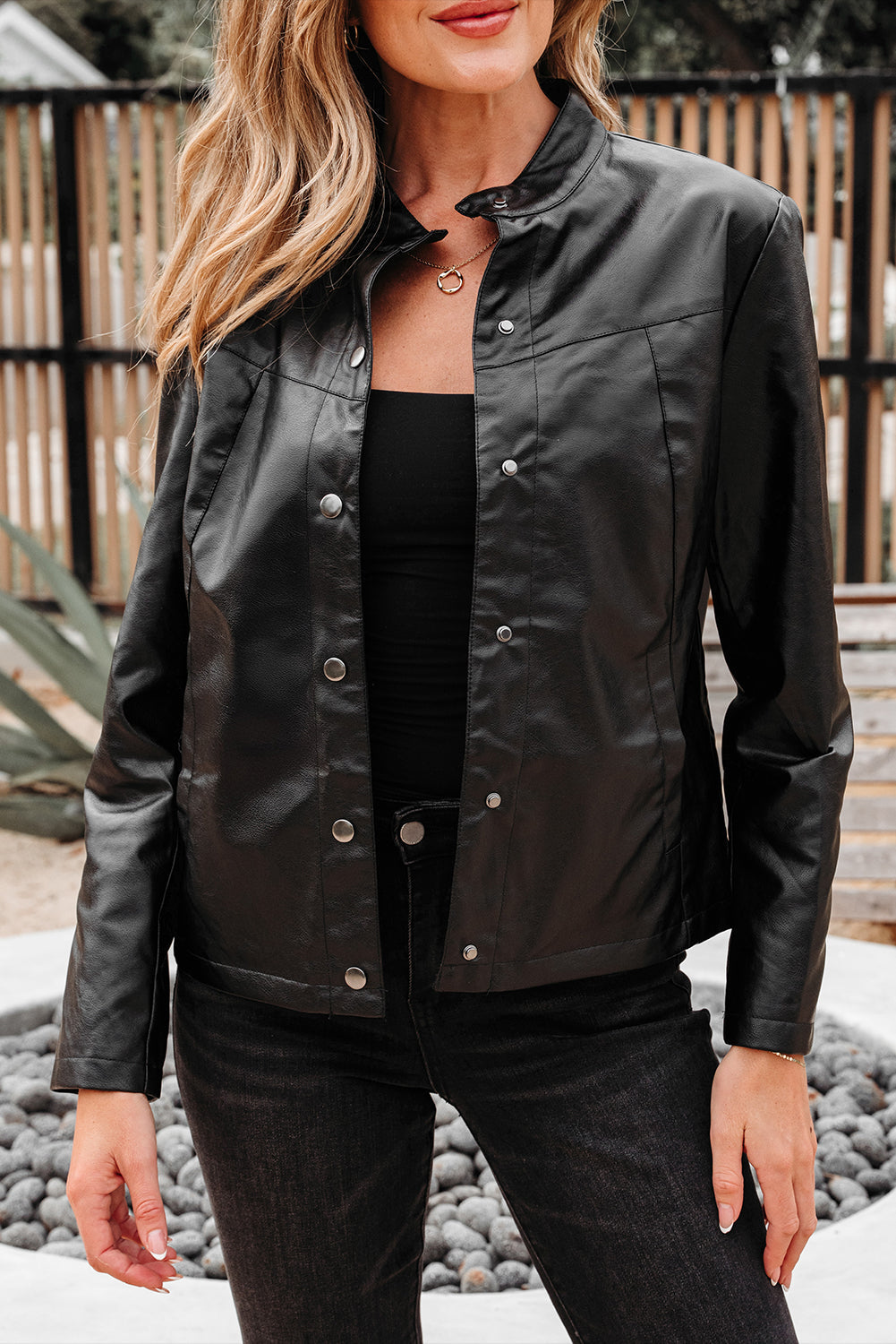 Faux Leather Button-Front Boxy Jacket