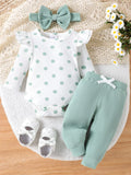 Children's Ruffled Polka Dot Bodysuit and Pants Set with Headband