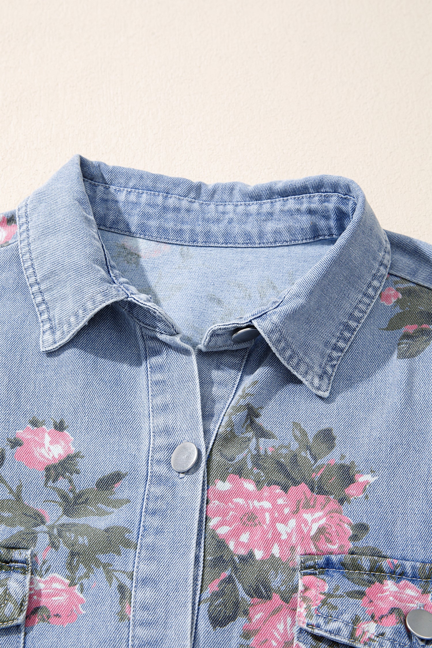 Sky Blue Denim Floral Print Cuffed Short Sleeve Button Down Shift Dress