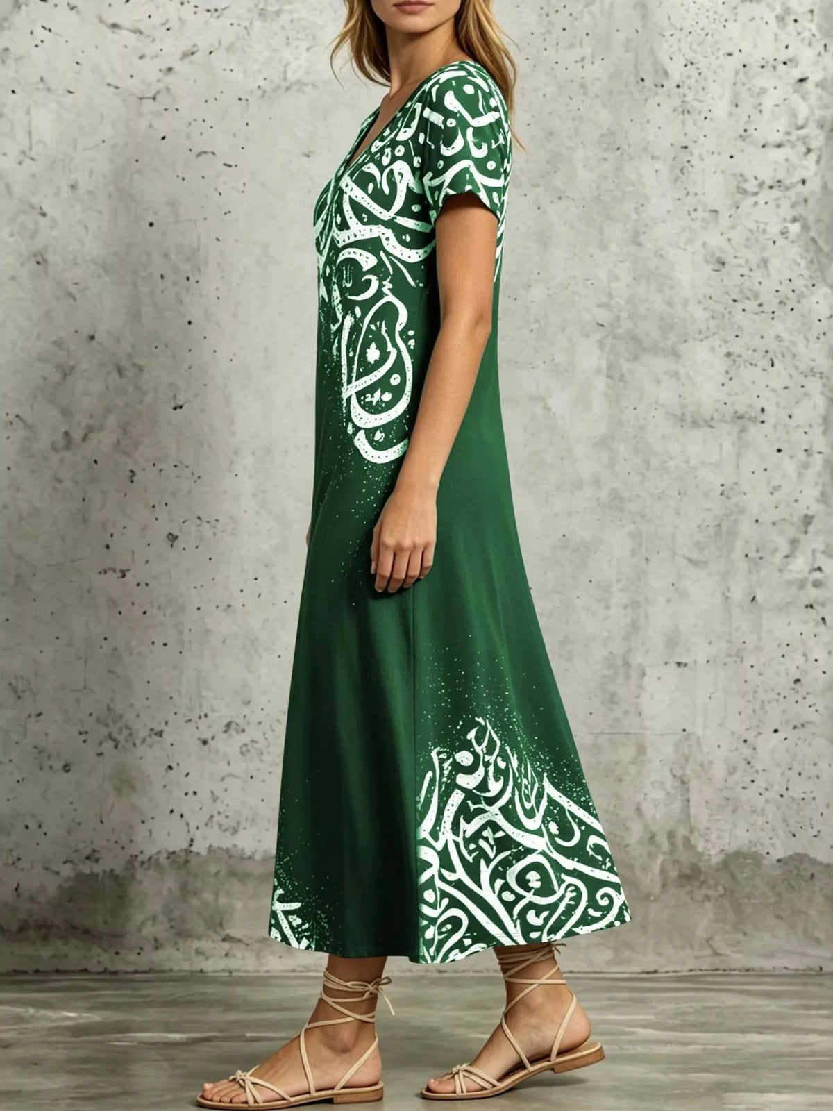 Printed Short Sleeve Midi Dress