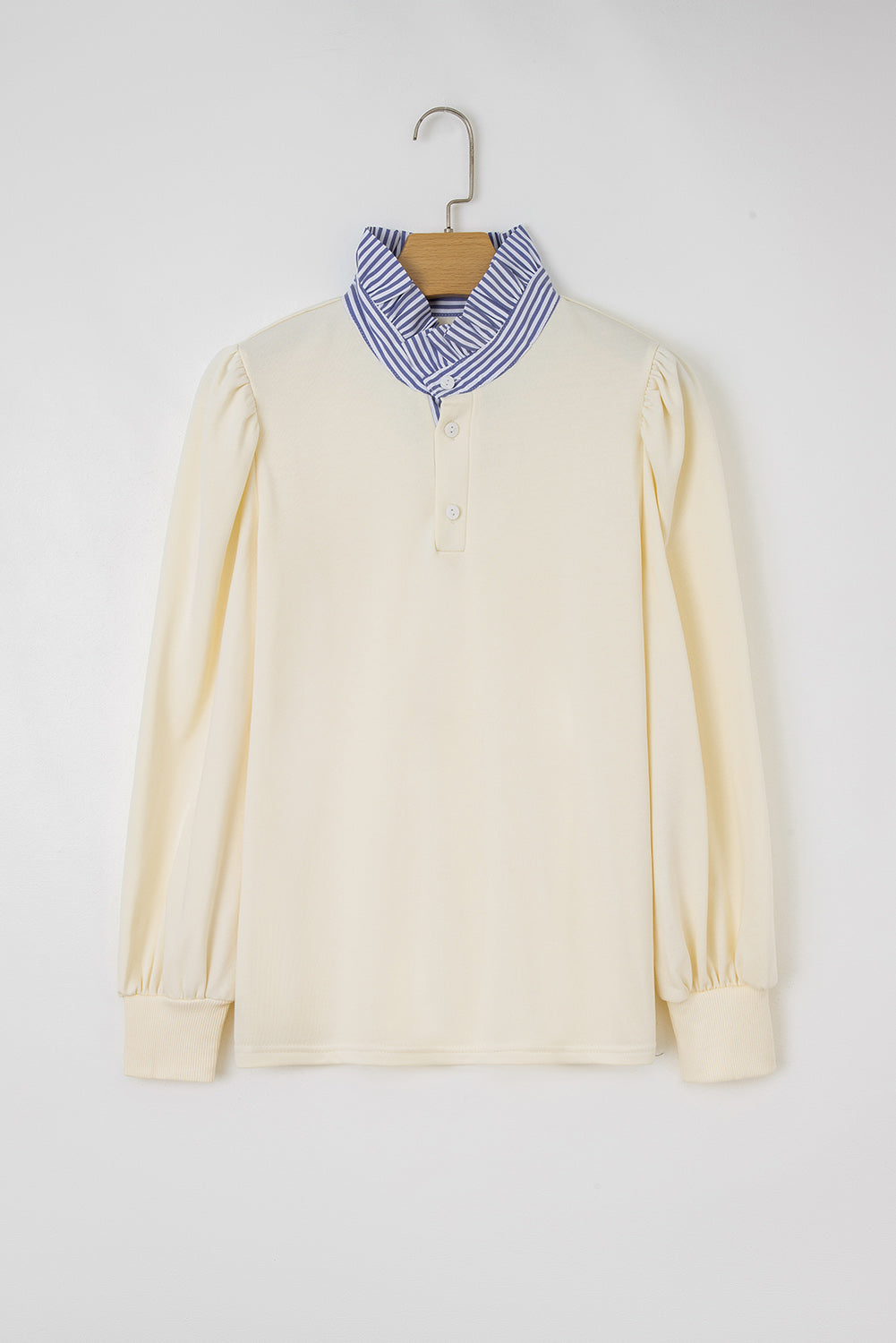 White Button Striped Collar Patchwork Puff Sleeve Sweatshirt