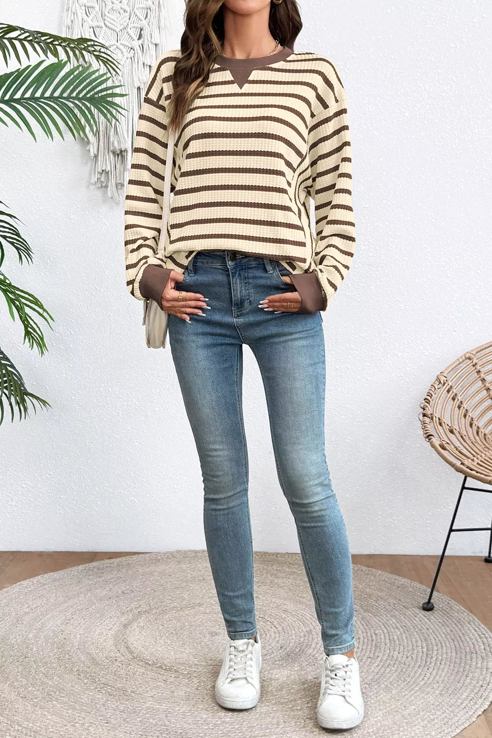 Stripe Patchwork Ribbed Cuff Casual Pullover Sweatshirt