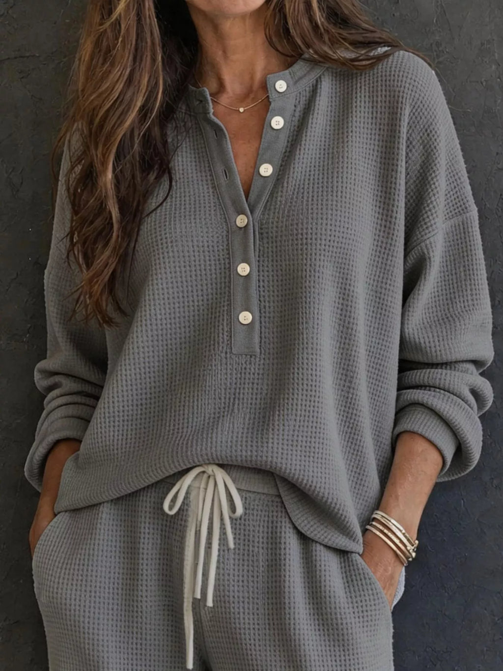 Waffle Knit Henley Top and Wide Leg Pants Set