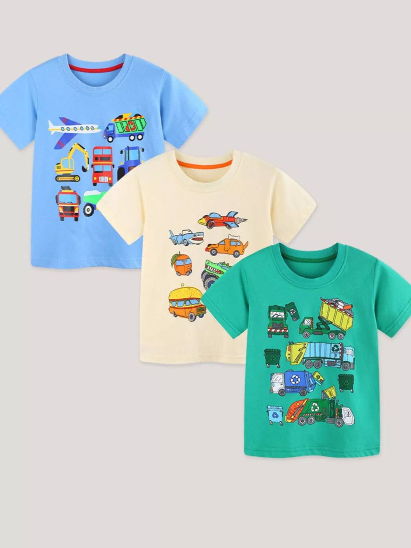 Children's Vehicle Print Short Sleeve T-Shirt 3 Piece Set
