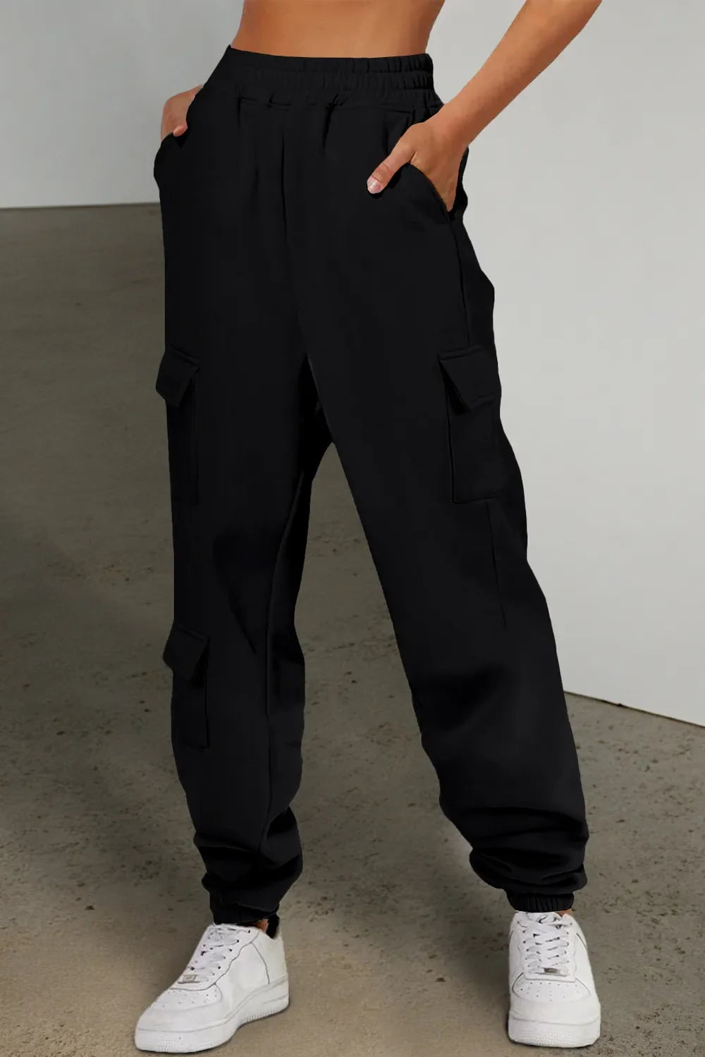 Black Pocketed Elastic Waist Drawstring Active Joggers