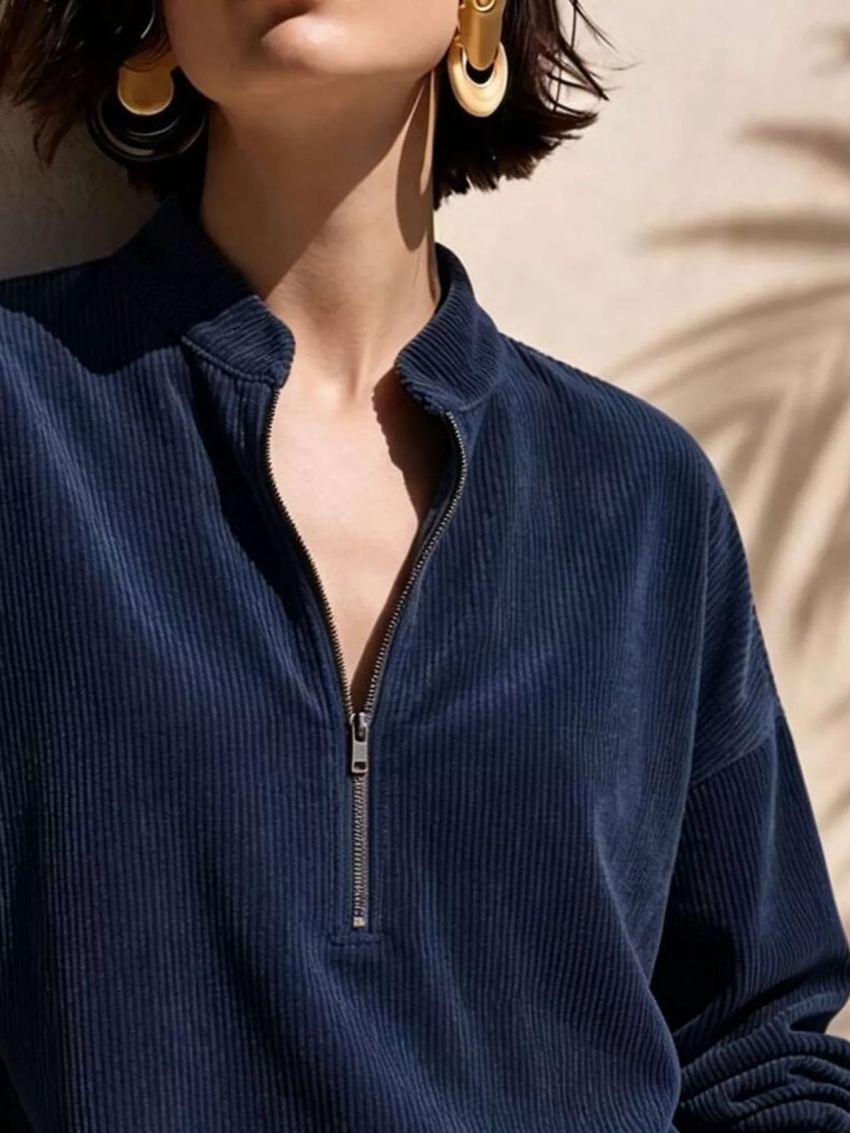 Full Size Half Zip Dropped Shoulder Corduroy Top Plus Size