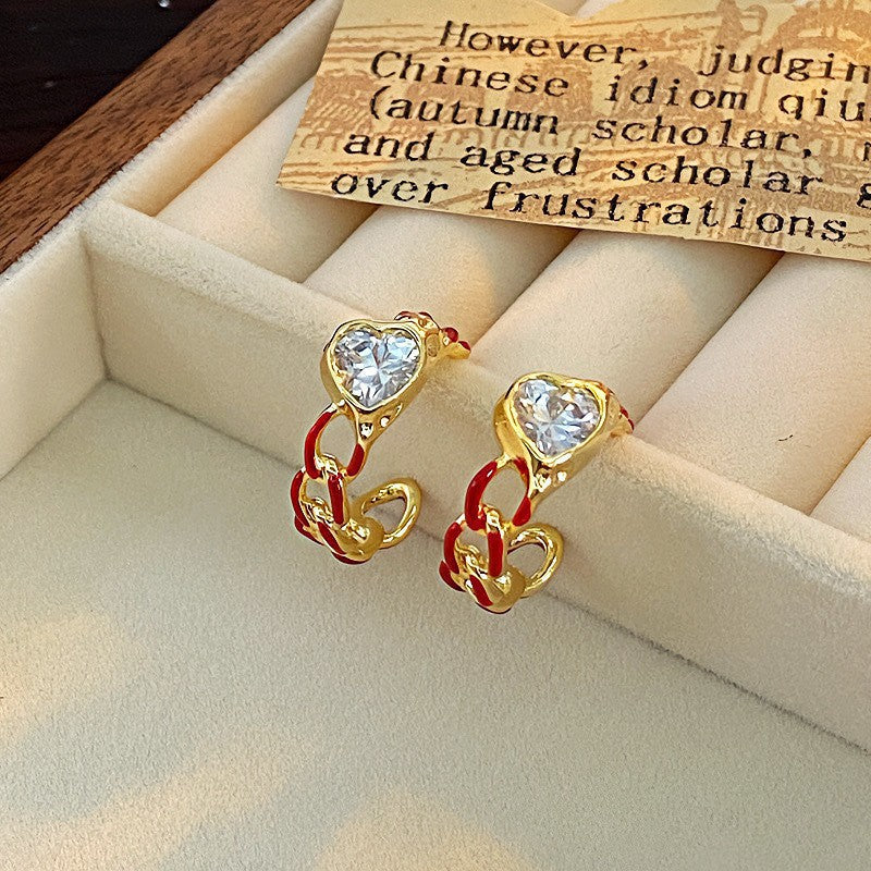 Womens Retro Enamel Heart Rhinestone Twisted C Shaped Hoop Earrings,Costume Earrings For Daily Party Wear