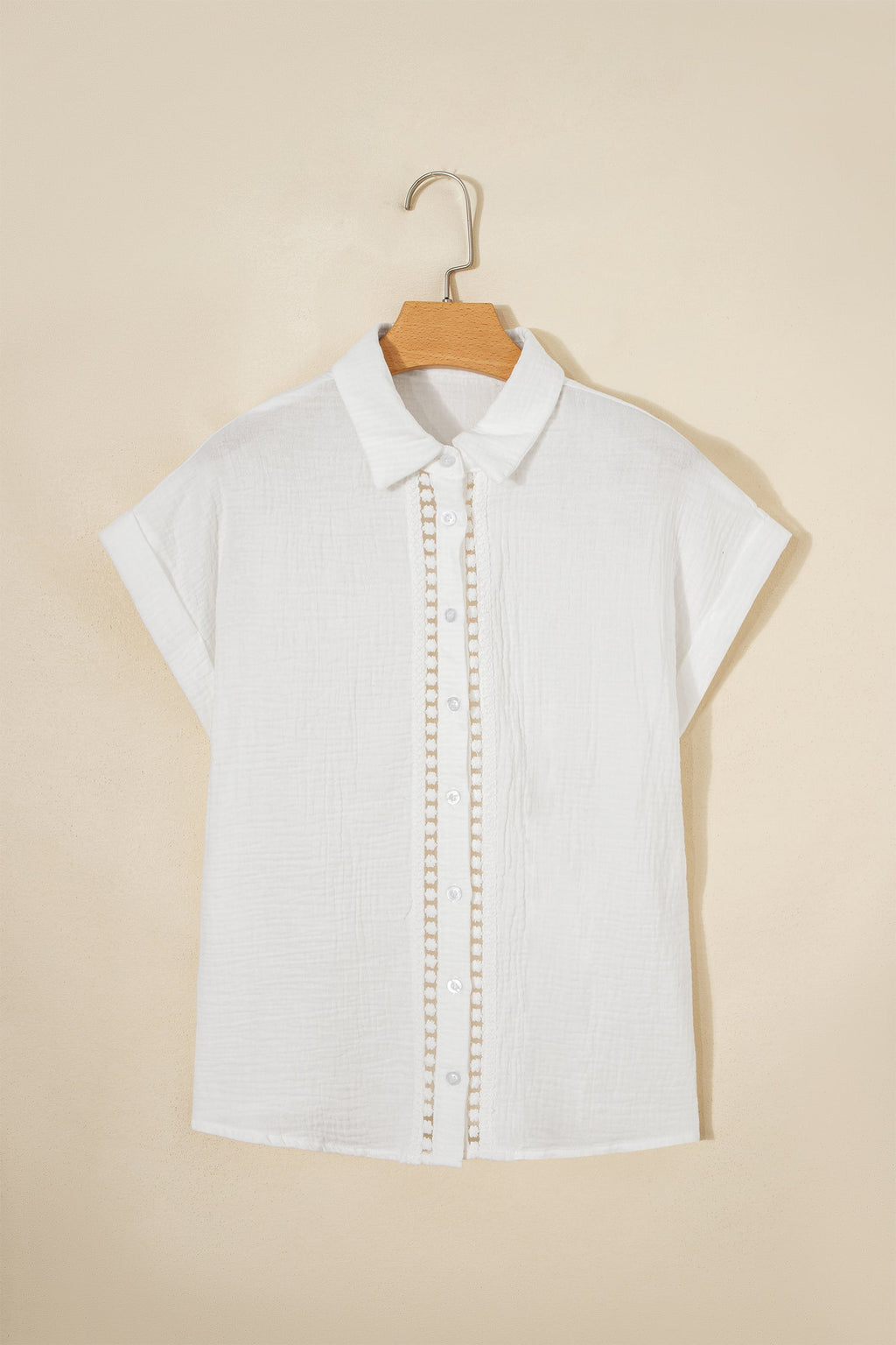 White Lace Trim Cuffed Short Sleeve Textured Shirt
