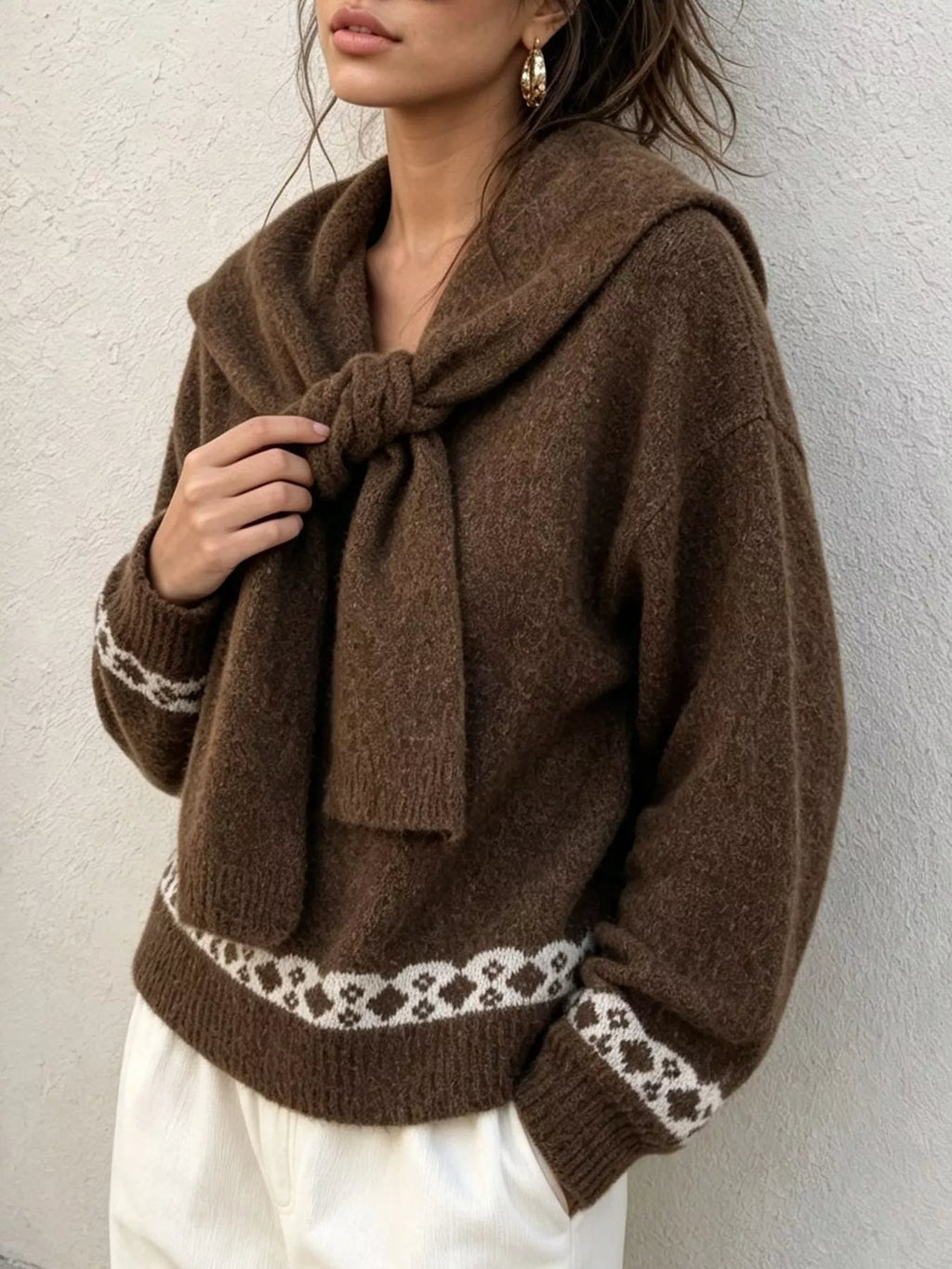 Scarf Detail Dropped Shoulder Sweater