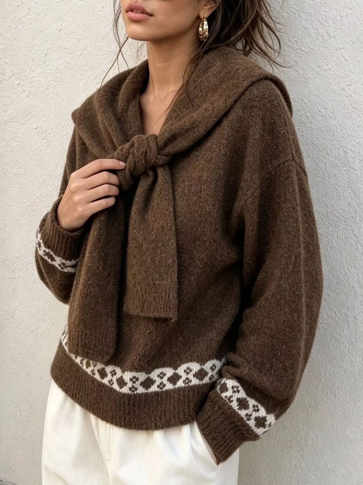 Scarf Detail Dropped Shoulder Sweater