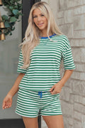 Green Stripe Drop Shoulder Boxy Casual Terry Short Set