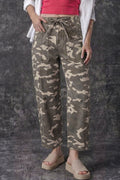 Green Leopard Printed Drawstring Elastic Waistband Pocketed Barrel Jeans