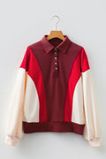 Colorblock Snap Button Polo Collar Oversize Sweatshirt